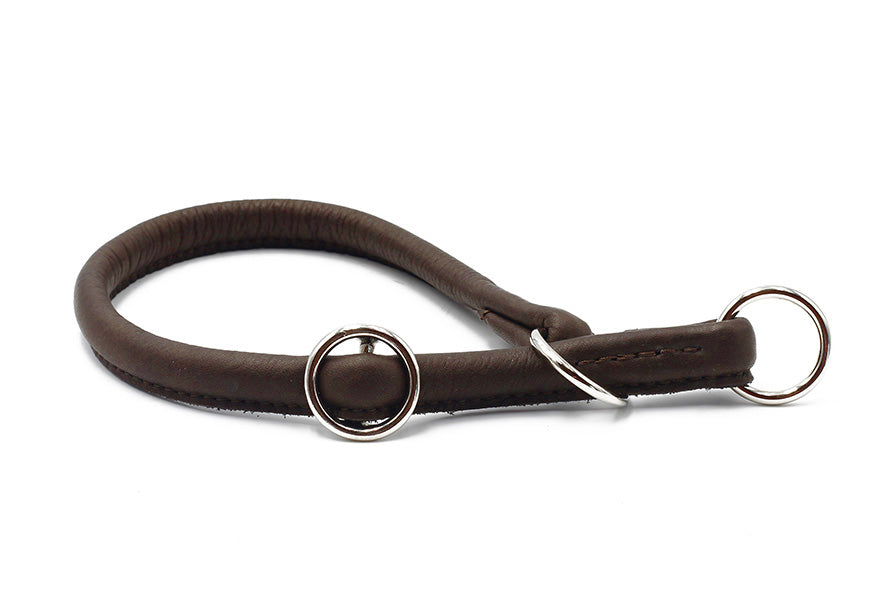 Braune Lederleine mit geschwungener Form und silbernem Ring, ideal für stilvolle Hundebesitzer.