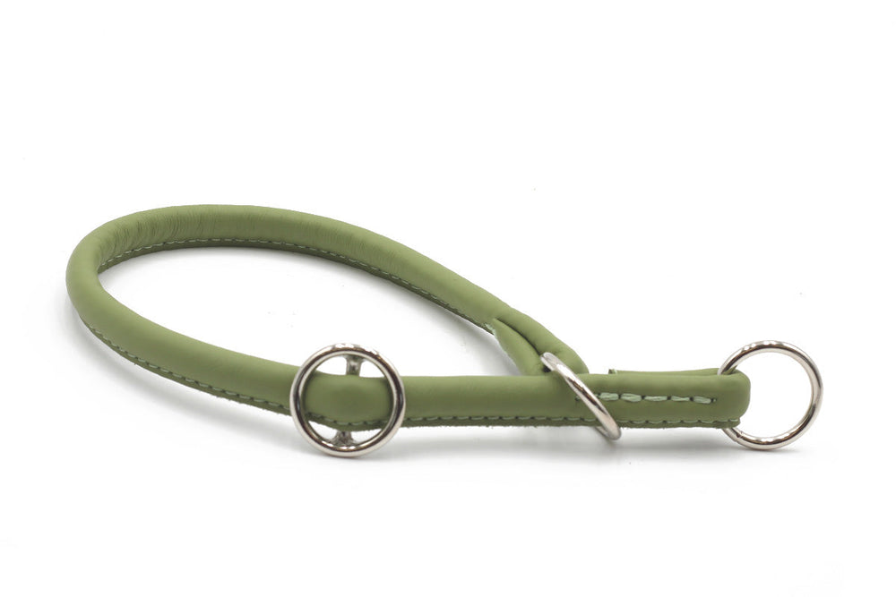 Grünes, rundgenähtes Lederhalsband mit metallenen Ringen, elegant und flexibel für Haustiere.