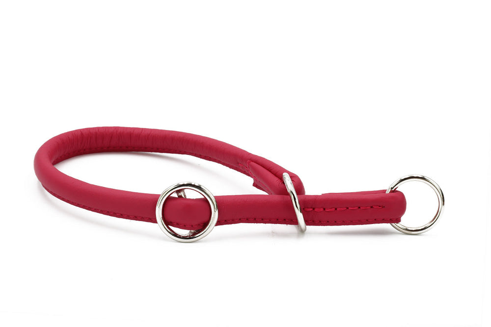 Rotes rundgenähtes Lederhalsband für Hunde mit metallischen Ringen, schlichtes und elegantes Design.