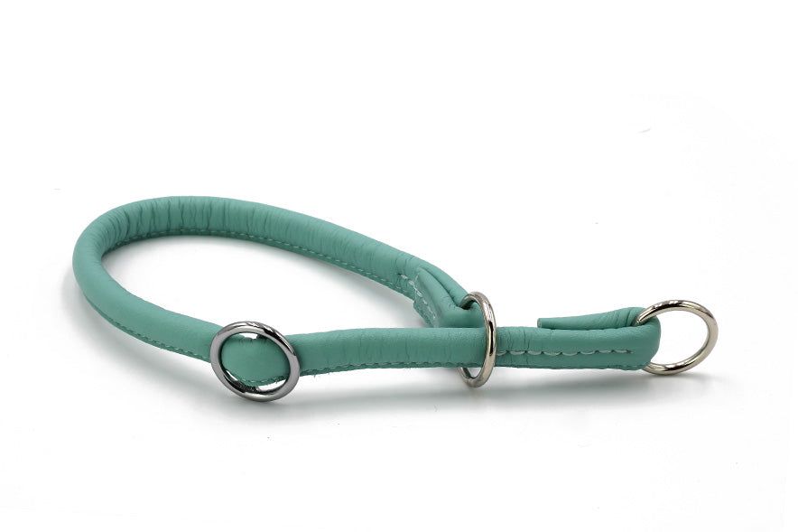Türkisfarbenes, rundgenähtes Lederhalsband mit gepolsterten Kanten und zwei silbernen D-Ringen für optimalen Komfort.