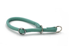 Türkisfarbenes, rundgenähtes Lederhalsband mit gepolsterten Kanten und zwei silbernen D-Ringen für optimalen Komfort.