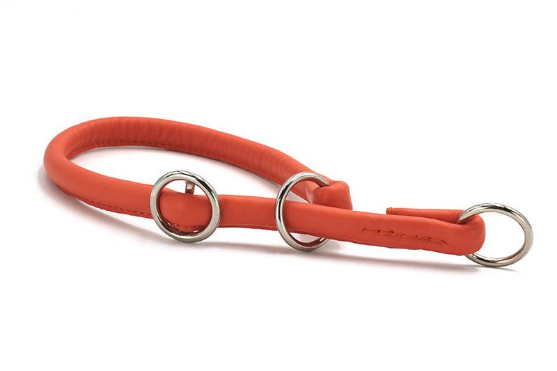 Oranges, rundgenähtes Lederhalsband für Hunde mit gepolsterter Oberfläche und D-Ringen. Ideal für Alltag und Spaziergänge.