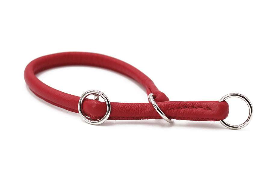 Rotes, geschmeidiges Lederhalsband mit silbernen Ringen, elegant und ohne sichtbare Verschlüsse.
