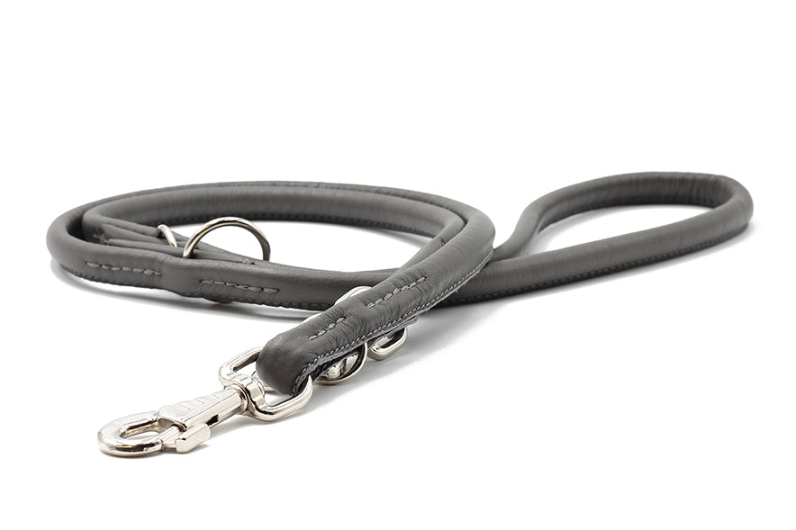 Schwarze Lederhundeleine, rundgenäht, 2m lang mit silberfarbenem Karabinerhaken für optimalen Halt und Flexibilität.