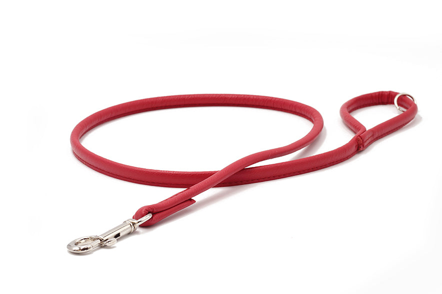 Rote Leder-Hundeleine 1,20m mit glatter Oberfläche und silbernem Karabiner-Haken für sicheren Halt.