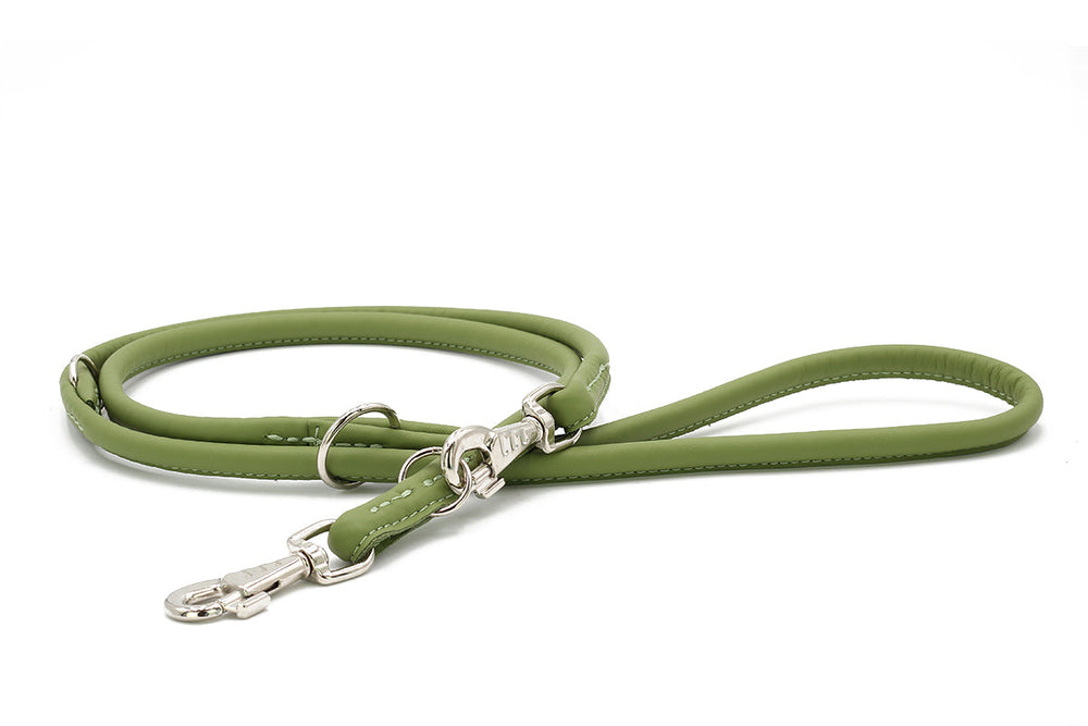 Grüne, runde 2m Lederleine mit weichem Griff und stabiler Karabinerhaken für Hunde.