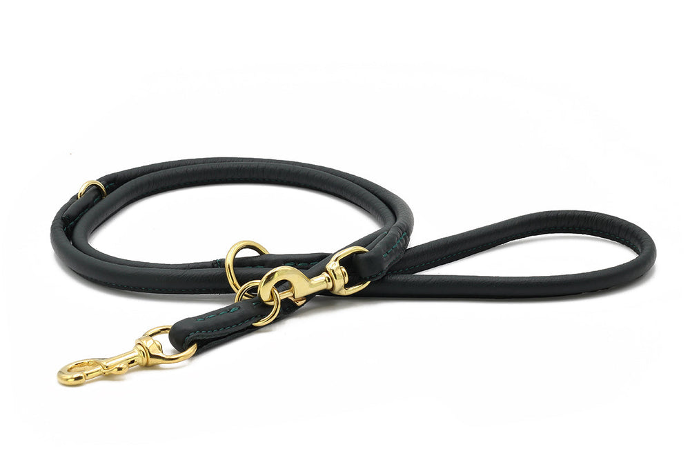 Elegante schwarze Lederleine, rundgenäht, 2m lang mit goldfarbenen Beschlägen und Karabinerhaken. Ideal für stilvolle Hundebesitzer.