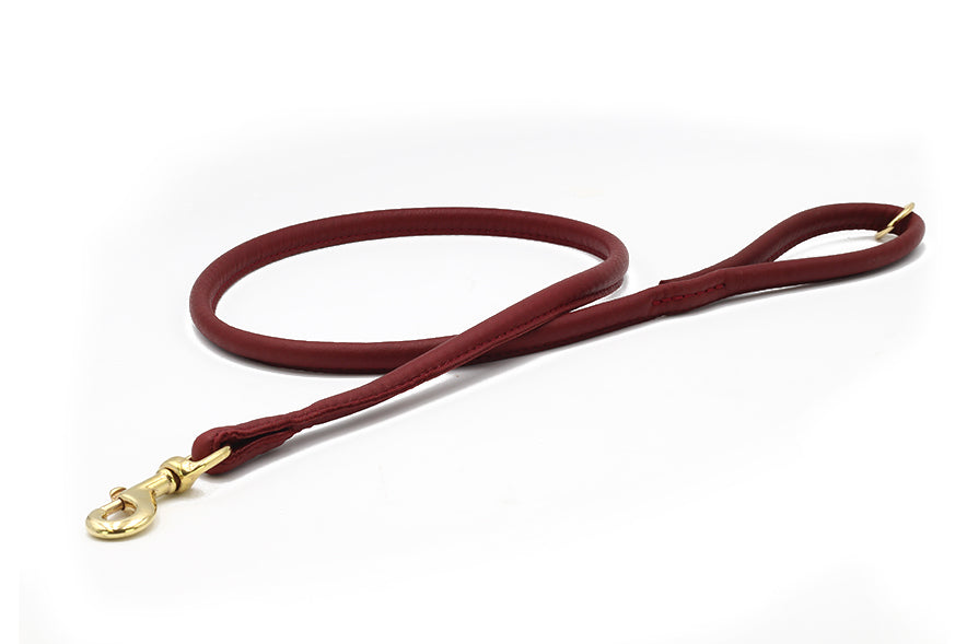 Elegante Hundeleine aus rotem Leder mit geschwungenem Griff und goldfarbenem Karabinerhaken, 1,20m lang.