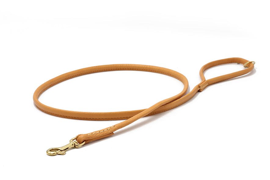 Schlichte 1,20m lange Hundeleine aus hellbraunem Leder mit goldenem Karabiner und praktischer Handschlaufe.
