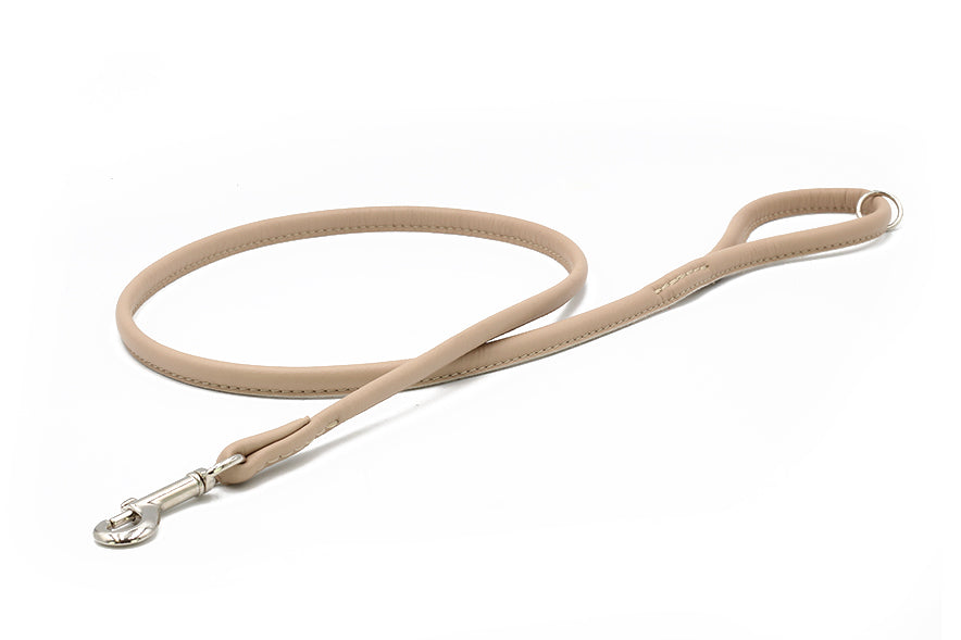 Helle Lederleine für Hunde, 1,20 m lang, mit stabiler Schlaufe und Karabinerhaken, elegant und flexibel.