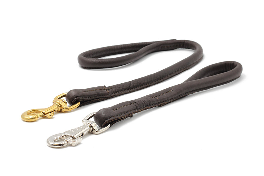 Dunkelbraunes, gepolstertes Lederhalsband für Hunde mit goldenen und silbernen Karabinerhaken.