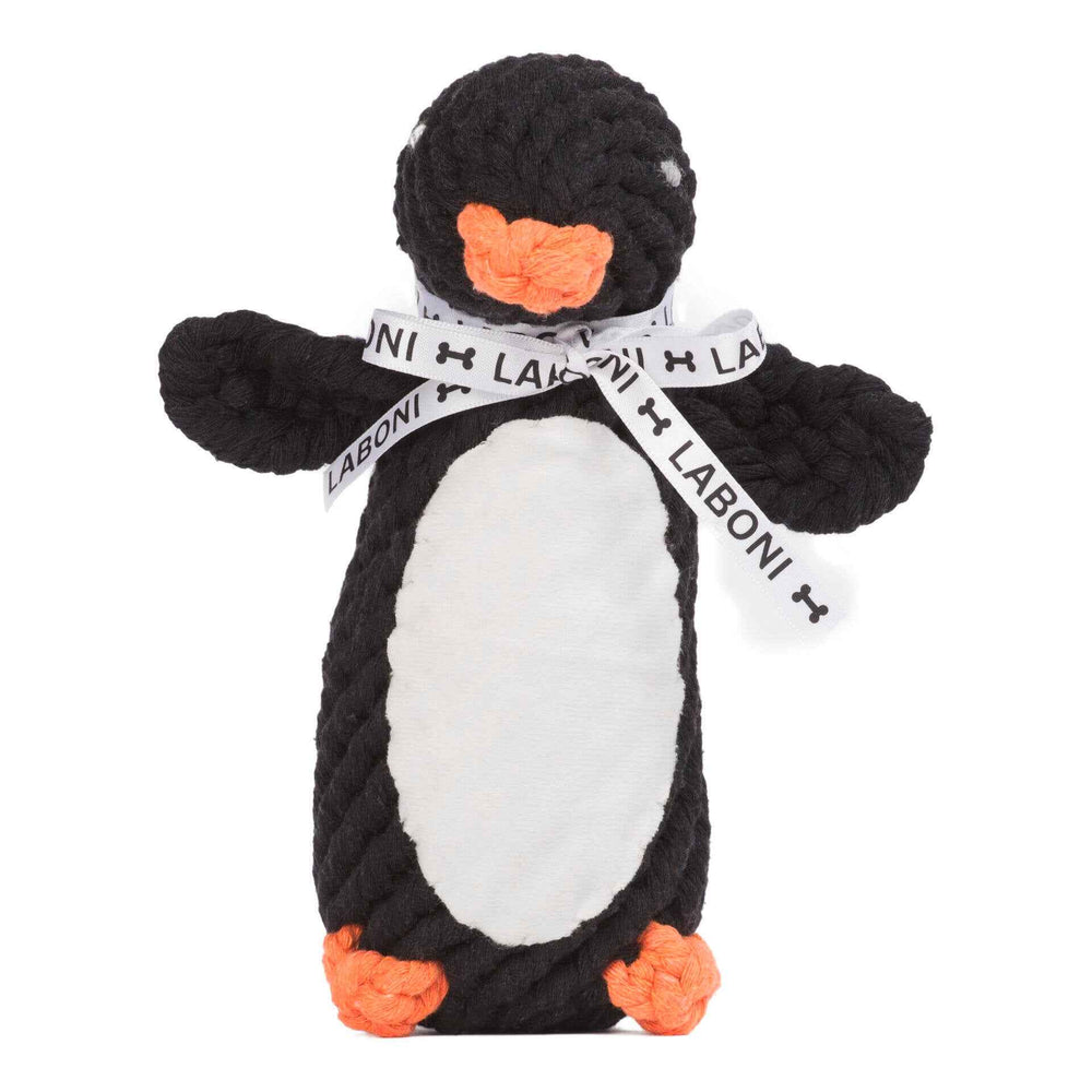 ALT-Text: Spielzeug-Set für Hunde mit einem Pinguin-Puppenspielzeug in Schwarz und Orange, ideal für Winterspaß.