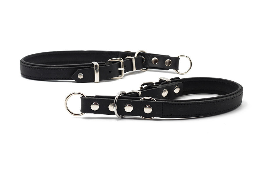 Elegante schwarze Hundeleinen aus Leder mit silbernen Metallbeschlägen und Karabinerhaken, ideal für stilvolle Tiere.