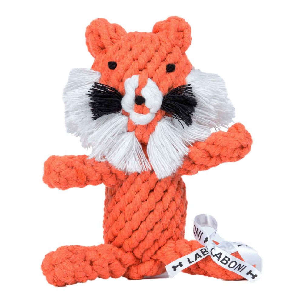 ALT-Text: Timothy Tiger Fuchs-Spielzeug für Hunde aus geflochtenem Material in Orange mit weißer Schnauze und auffälliger Mähne.
