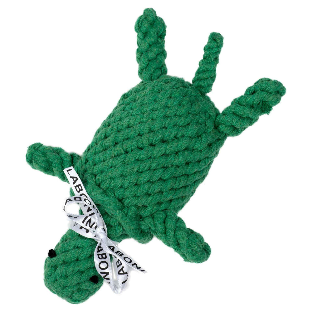 ALT-Text: Robuste grüne Schildkröte für Hunde – Tina Turtle, das beliebte Kult-Spielzeug mit Gliedmaßen und LAB-Aufschrift.