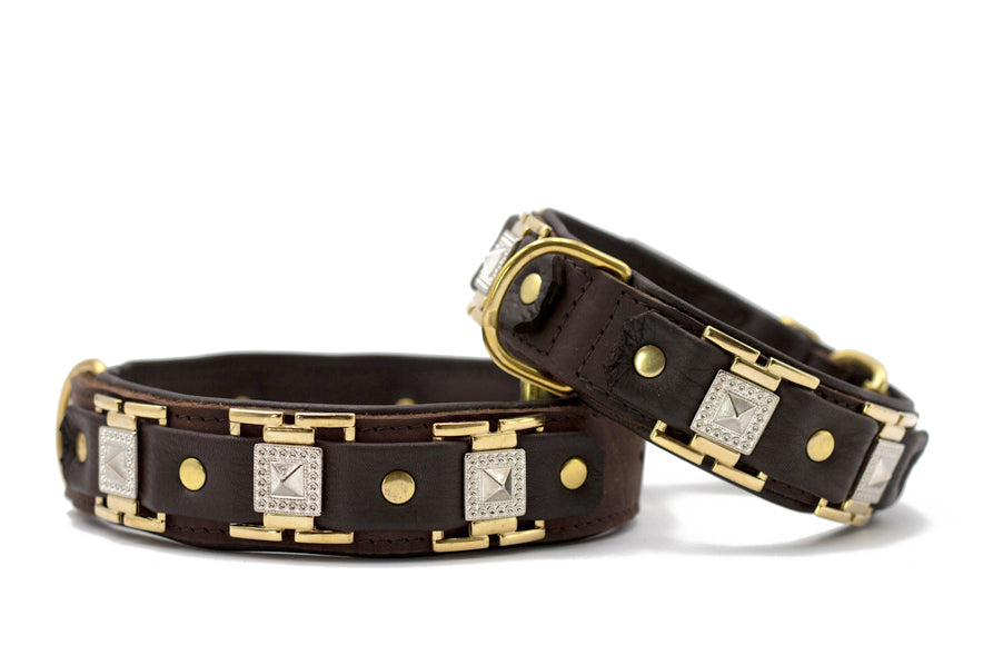 Elegant braune Lederhalsbänder mit silbernen Elementen und goldenen Nieten für Hunde in robuster Ausführung.