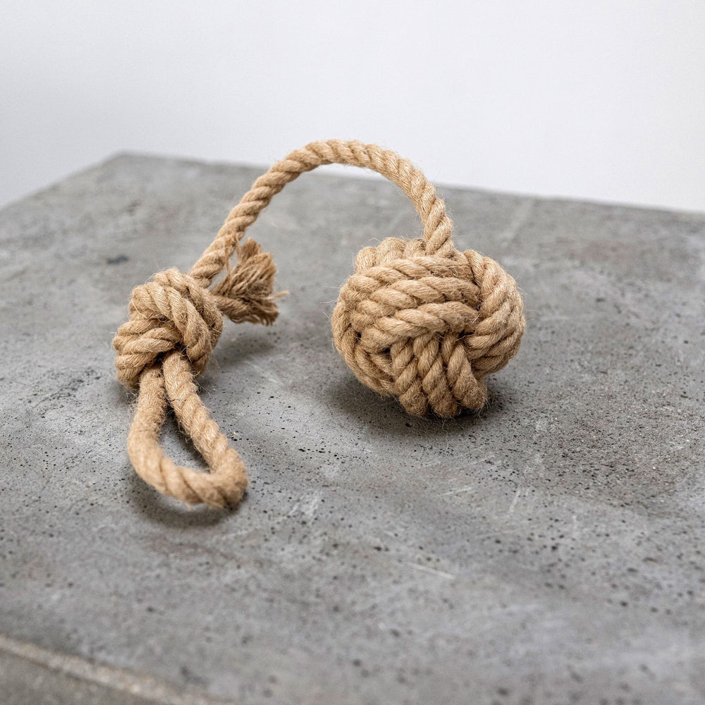 Knoten aus Jute- und Hanfseil auf grauer Betonoberfläche, dekorativ und natürlich.