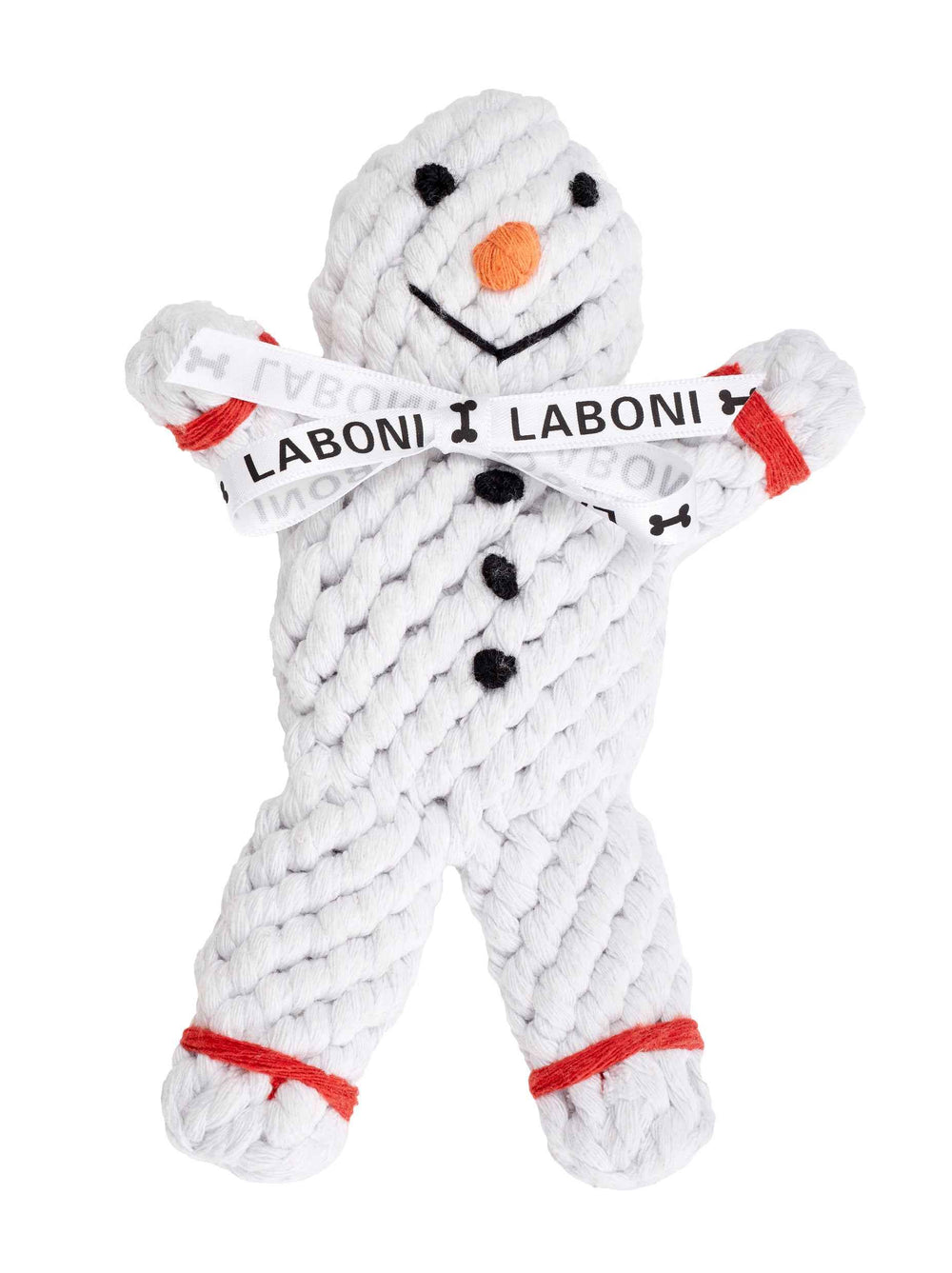 ALT-Text: Geflochtener Schneemann für Hunde – kultiges, spielerisches Spielzeug in Weiß mit schwarzen Knöpfen und orangener Nase.