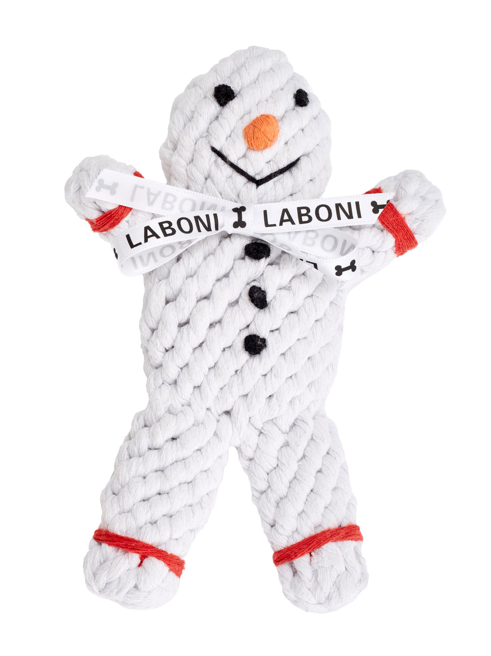 Hundespielzeug Schneemann aus geflochtenem Seil, orange Nase, schwarze Knöpfe, Label "LABONI". Perfekt für winterlichen Hundespaß.