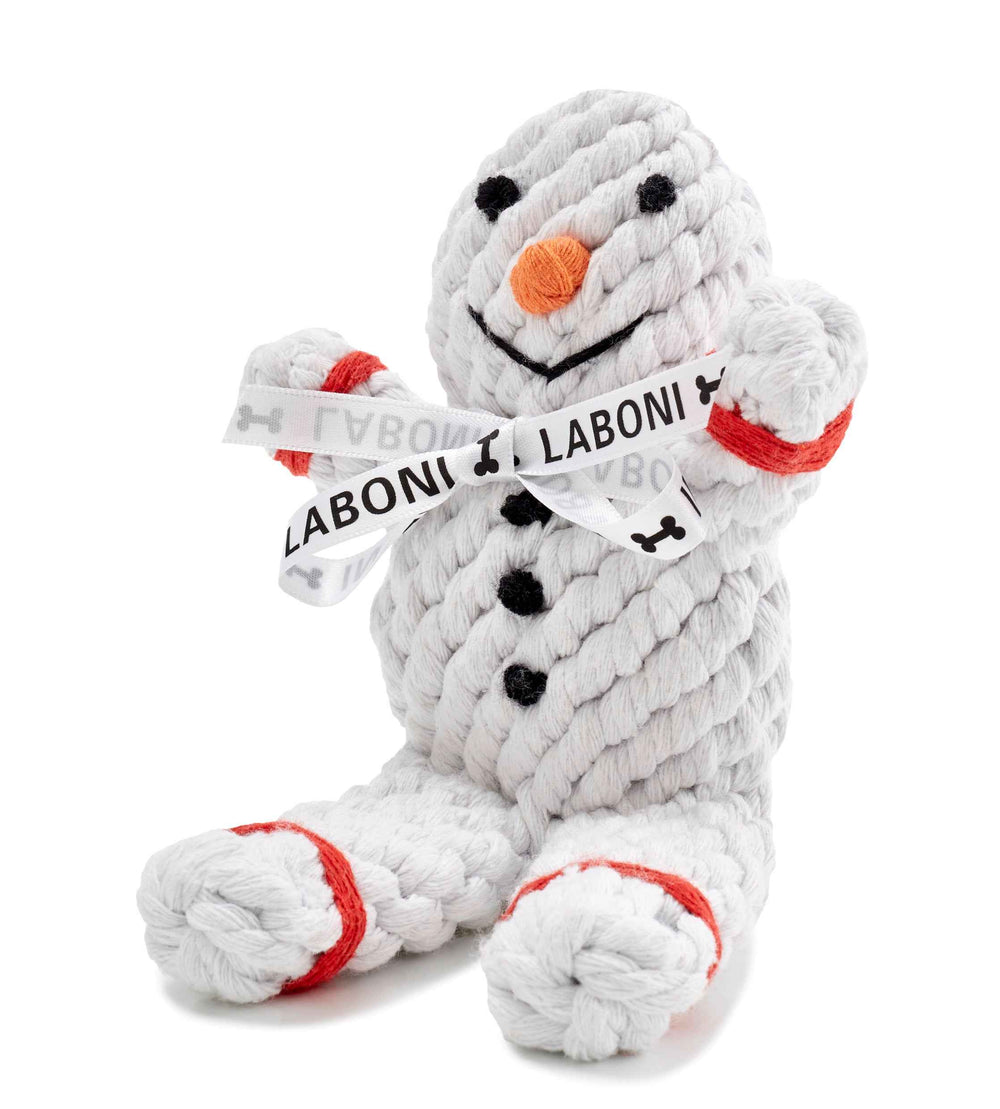 ALT-Text: Plüsch Schneemann-Spielzeug für Hunde im Winter Fun Set, mit orangefarbener Nase und rotem Band.