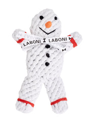 Hundespielzeug Schneemann aus geflochtenem Seil, orange Nase, schwarze Knöpfe, Label "LABONI". Perfekt für winterlichen Hundespaß.