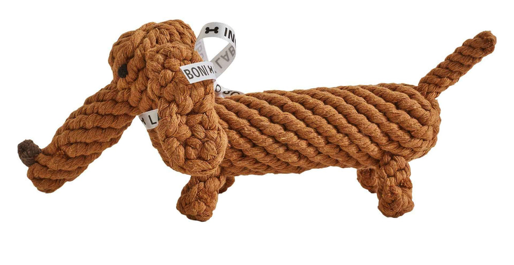 Braunes Dackel-Hundespielzeug aus Seil mit strukturierter Oberfläche und kleinen Ohren für spielerische Hundeaktivitäten.