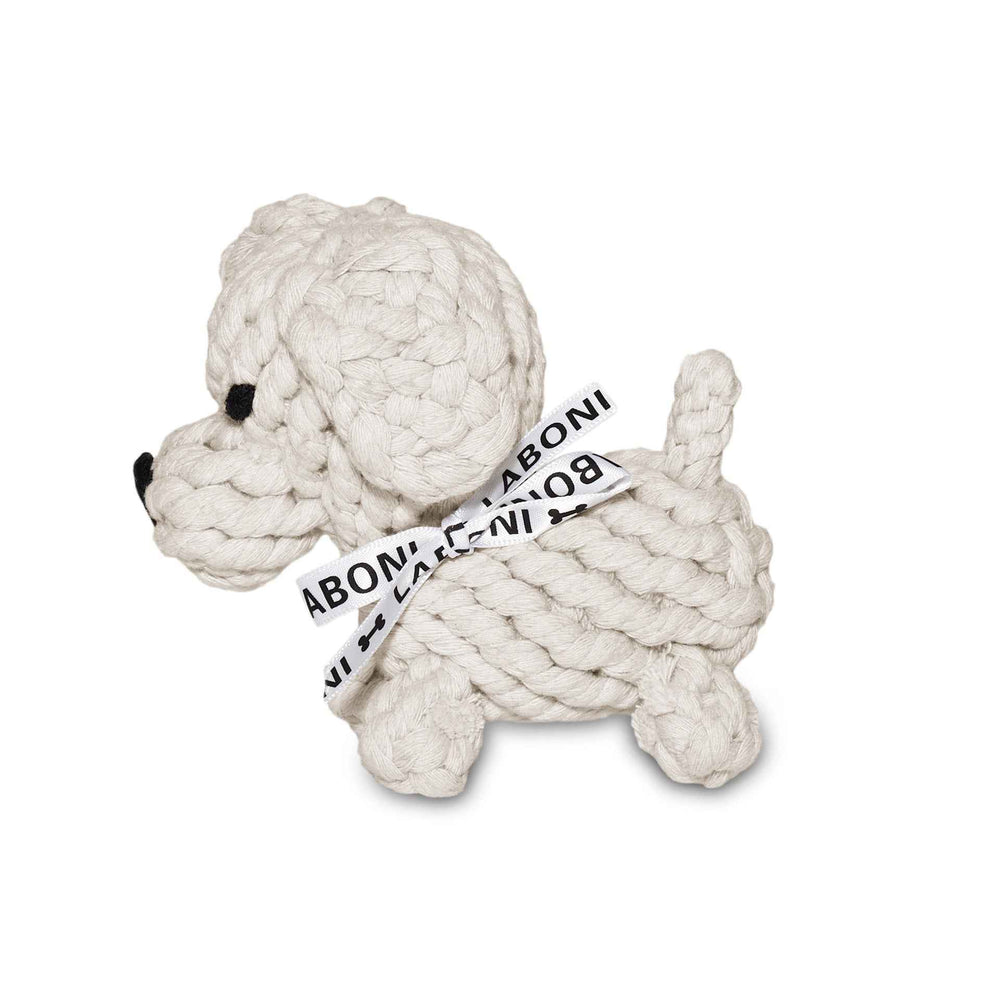 Wollene Hundfigur Tapsi, das Kult-Spielzeug für Hunde, gefertigt aus dickem Garn, mit Band um den Hals.