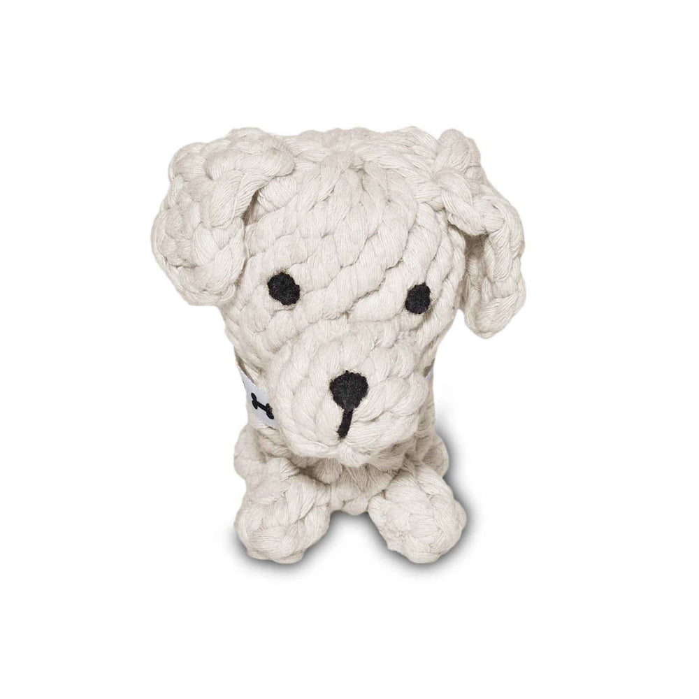 ALT-Text: Plüsch-Spielzeug Tapsi für Hunde, weißes Hundedesign, geflochten, mit Halsband und Knochen-Motiv.