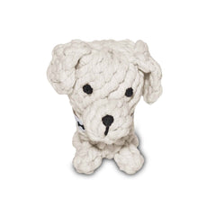 ALT-Text: Plüsch-Spielzeug Tapsi für Hunde, weißes Hundedesign, geflochten, mit Halsband und Knochen-Motiv.