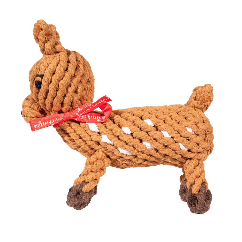 "Kult-Spielzeug für Hunde: Flecky das Rehkitz aus geflochtenem Seil in Braun mit roter Schleife und dunklen Hufen."