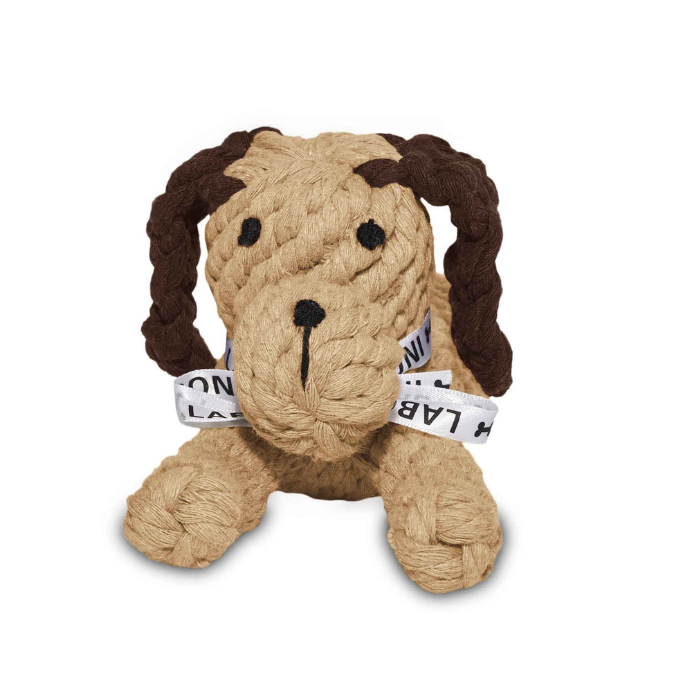 ALT-Text: Kult-Spielzeug für Hunde in Hund-Form aus geflochtenem Material mit braunen Ohren und weißem Band.