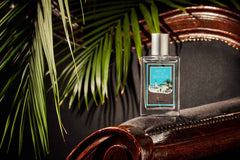 "LABONI FRAGRANCE Raumduft-Set: Flasche 'Walk at the Seaside' mit tropischem Flair und silbernem Verschluss."