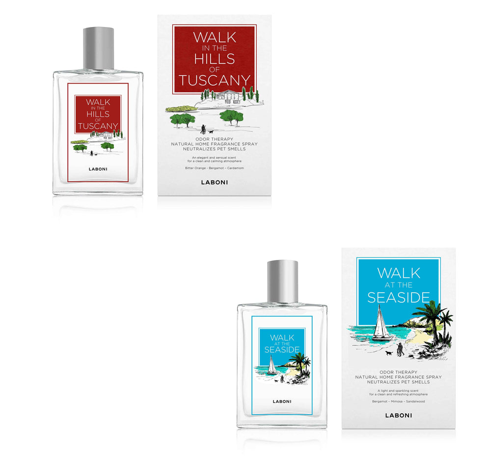 ALT-Text: "LABONI FRAGRANCE Raumduft-Set mit 'Walk in the Hills of Tuscany' Spray in rotem Etikett für edlen Wohnraumduft."