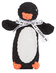 Pinguin-förmiges Hundespielzeug aus geflochtenem Material, weißer Bauch, orange Details, "LABONI"-Band um den Hals.