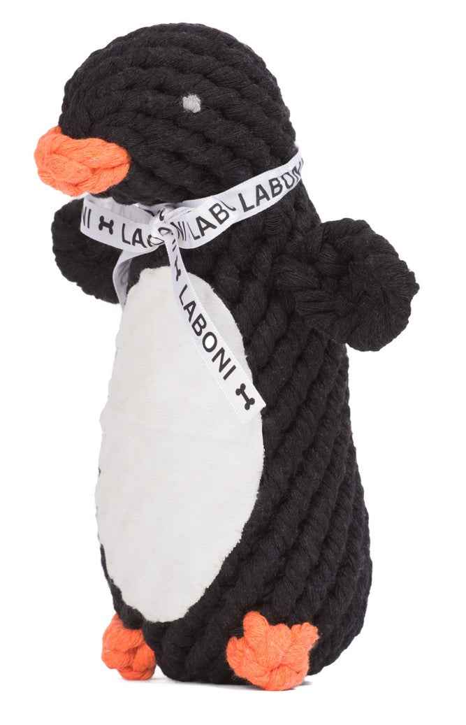 Plüsch-Pinguin Spielzeug für Hunde in Schwarz und Weiß mit orangen Beinen und Schnabel, ideal zum Spielen und Kuscheln.