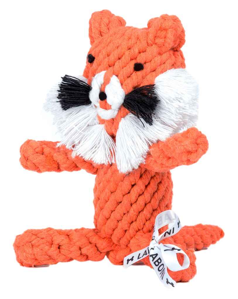 Knuddeliges orangefarbenes Fuchs-Spielzeug für Hunde aus geflochtenem Material mit schwarzen und weißen Details.