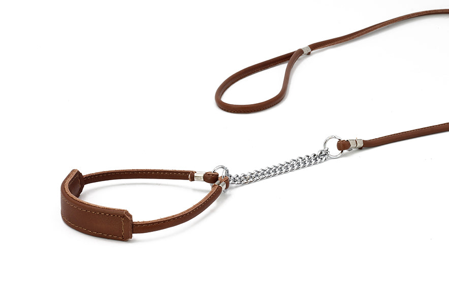 Braune Lederleine mit Kehlkopfschutz und Karabinerhaken, ideal für sicheres Spazieren mit dem Hund.
