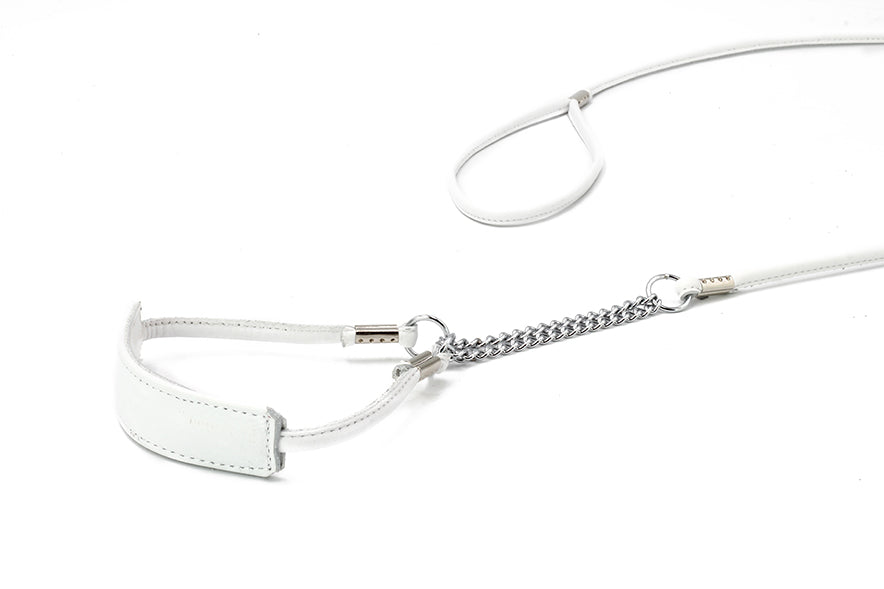 Weiße Hundeleine mit Ledergriff und metallischer Kette, modern und schlicht, auf weißem Hintergrund.