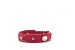 Pinkes Hundehalsband aus Leder mit glitzernden Strasssteinen, Schnalle und D-Ringen für Leine und Anpassung.
