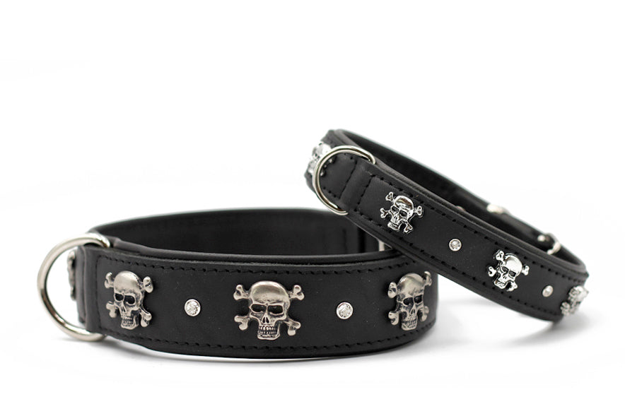 Schwarze Leder-Hundehalsbänder mit Totenkopf-Motiven und glänzenden Steinen, ausgestattet mit silbernen Schnallen.