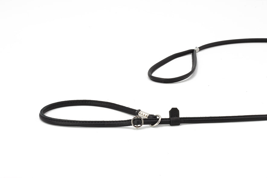 Schwarze, fein verstellbare Leder-Hundeleine mit Karabiner und Schlaufe, glatt und flexibel für optimalen Komfort.