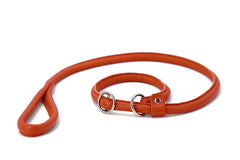 Orangefarbene Leder-Hundeleine mit ringförmigem Griff und zwei Metallringen, dünn und flexibel designet.