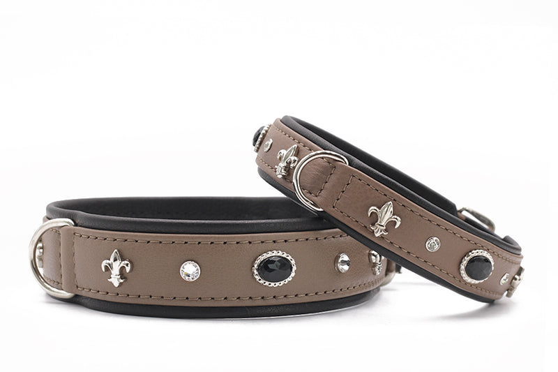 Halsband Dark Diamond in braun mit schwarzem Innenfutter, verziert mit glitzernden Steinen und Fleur-de-Lis-Motiven.