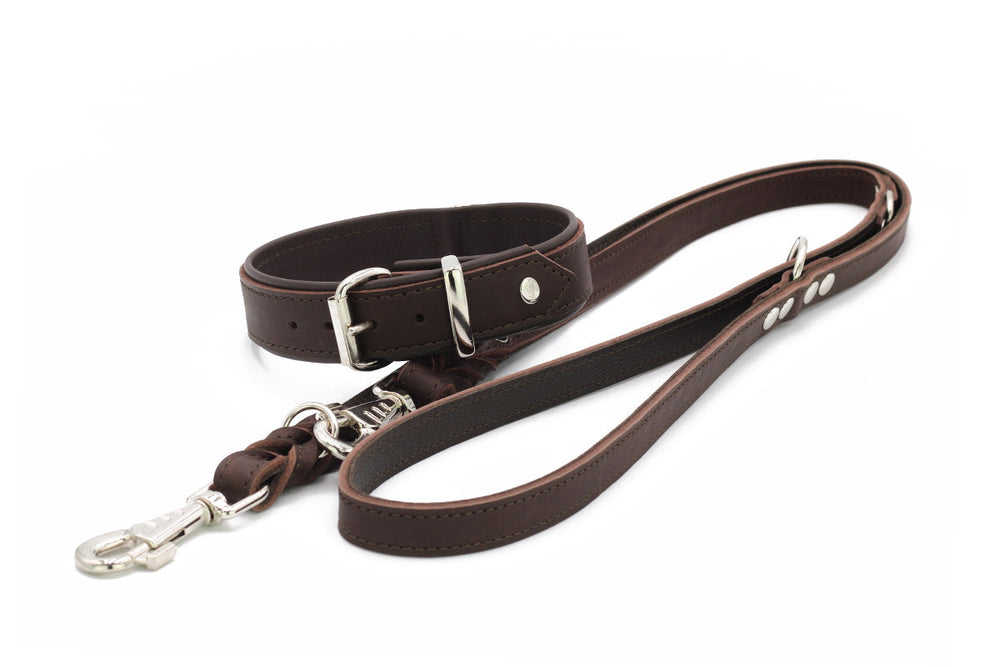 Braune Lederhundeleine mit robustem Karabiner, verstellbarer Schlaufe und metallischen Details für Premium-Qualität.