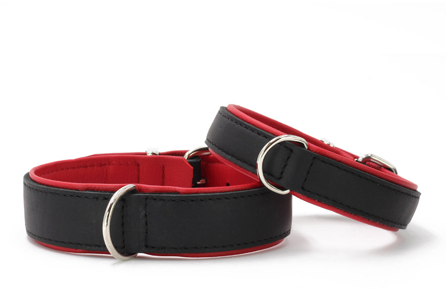 Schwarzes Premium Halsband mit roter Innenseite und runder Metallschnalle aus Kunstleder. Hochwertiges Design für Hunde.