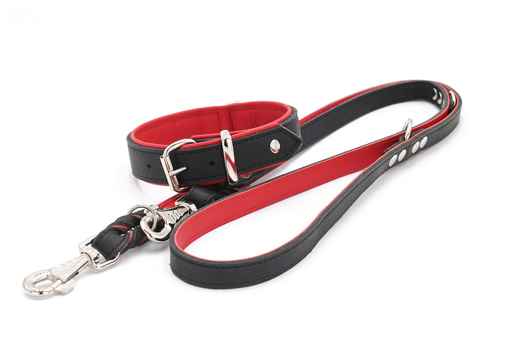 Halsband Klassik Premium in Schwarz mit rotem Innenfutter, stabiler Karabinerhaken und gepolsterter Handschlaufe.