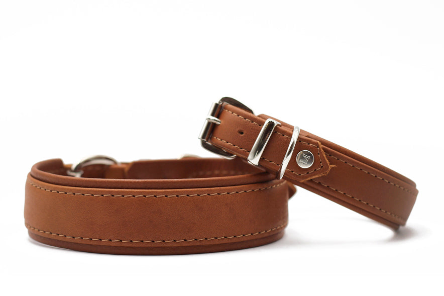 Zwei hochwertige Lederhalsbänder in Brauntönen – eines breit mit einfacher Schließe, das andere schmal.