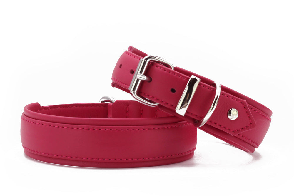 Zwei Hundehalsbänder in kräftigem Rosa: eines schmal mit klassischer Schnalle, das andere breiter und abgerundet.