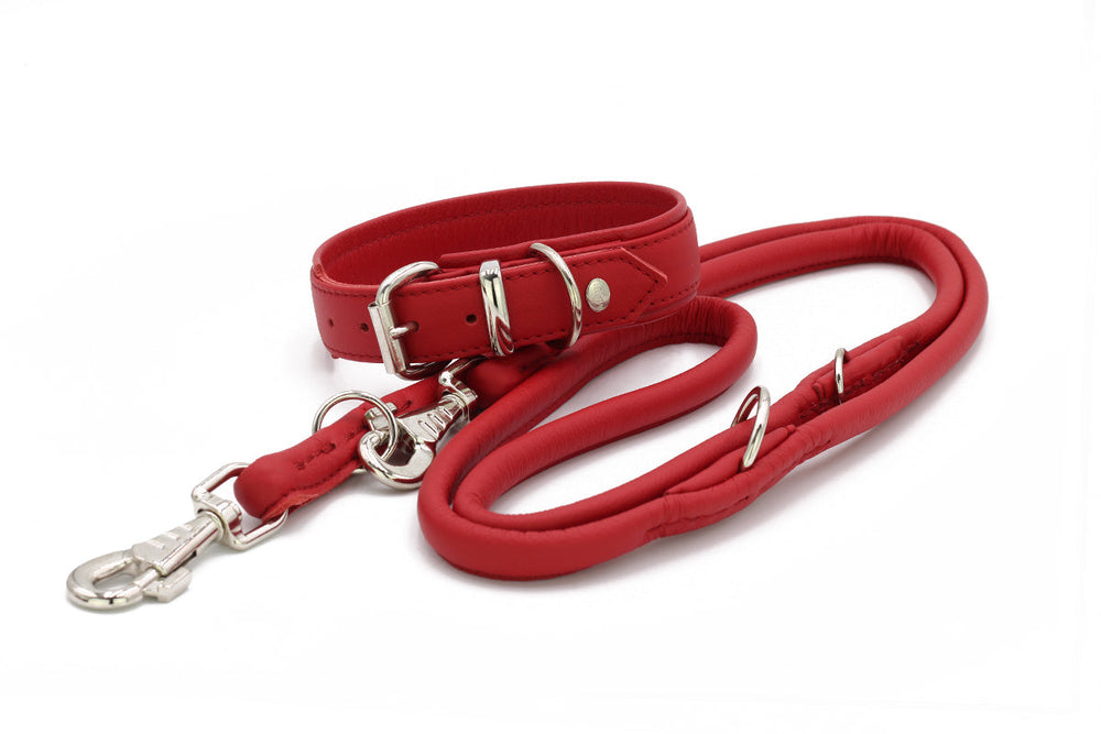 Rotes Hundehalsband aus hochwertigem Leder mit passender Leine und silbernen Metallbeschlägen für Komfort und Stil.