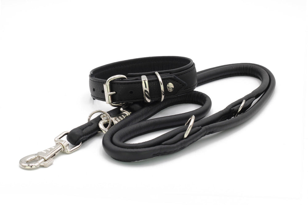 Schwarze, elegante Lederhundeleine mit stabilen Karabinerhaken und verstellbarer Griffschlaufe.